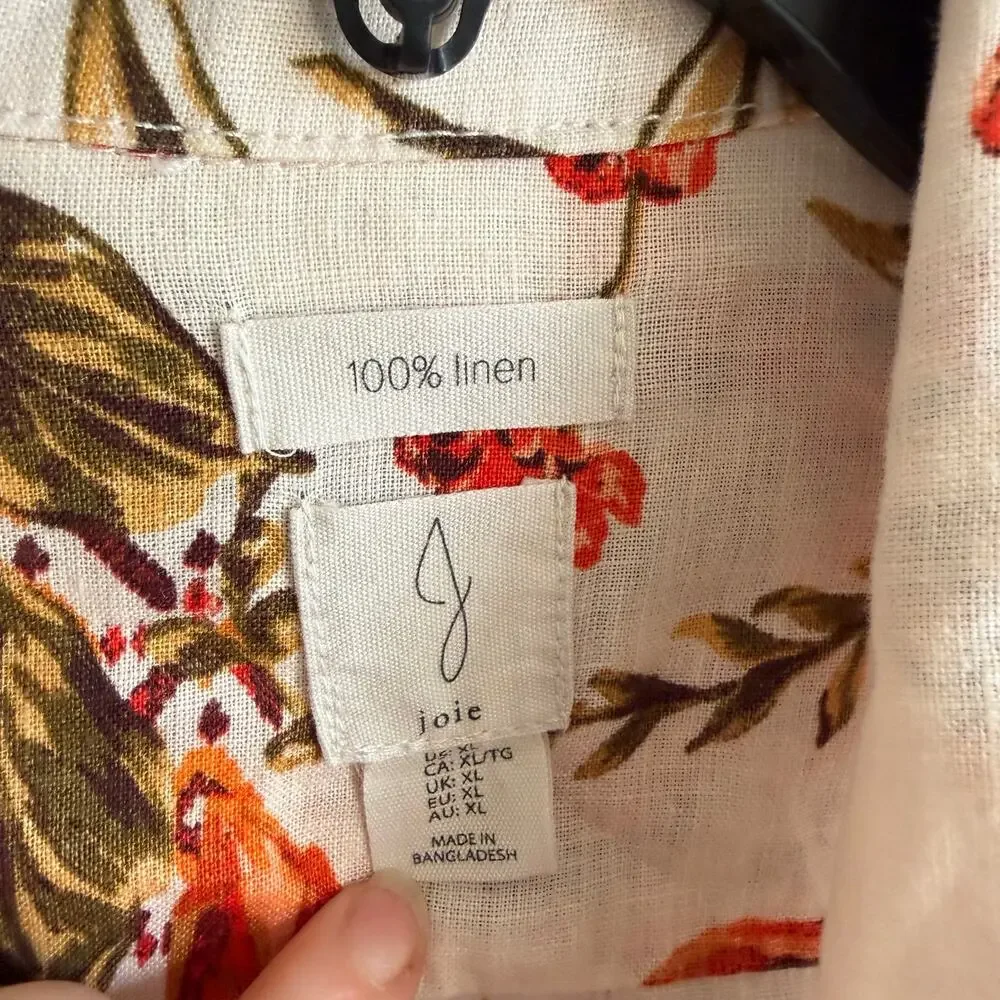 Joie 100% Linen Cream Orange Floral Button Down Collared Jacket Womens XL - Picture 4 of 6